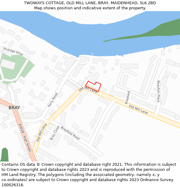 TWOWAYS COTTAGE, OLD MILL LANE, BRAY, MAIDENHEAD, SL6 2BD: Location map and indicative extent of plot