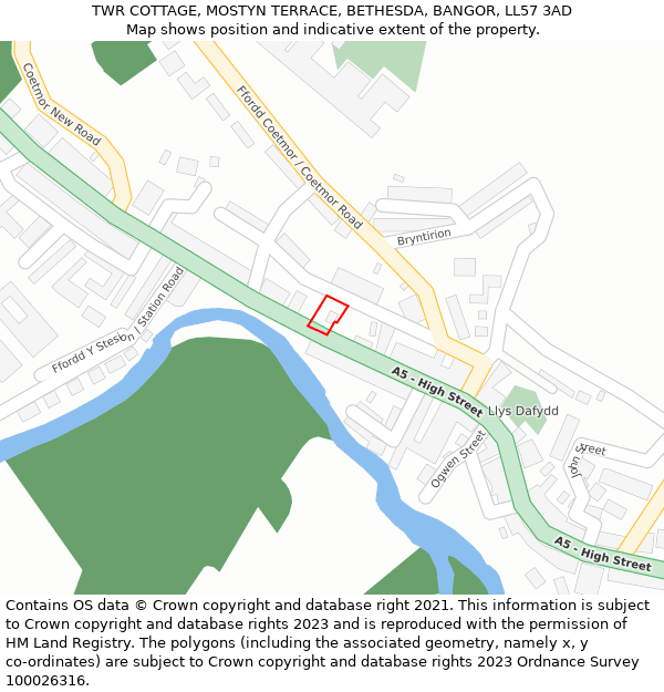 TWR COTTAGE, MOSTYN TERRACE, BETHESDA, BANGOR, LL57 3AD: Location map and indicative extent of plot