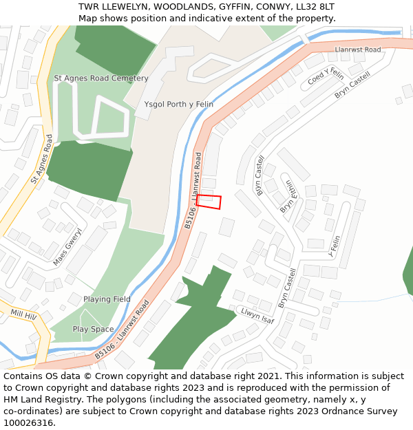 TWR LLEWELYN, WOODLANDS, GYFFIN, CONWY, LL32 8LT: Location map and indicative extent of plot