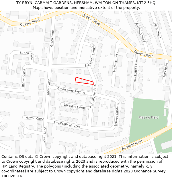 TY BRYN, CARMALT GARDENS, HERSHAM, WALTON-ON-THAMES, KT12 5HQ: Location map and indicative extent of plot