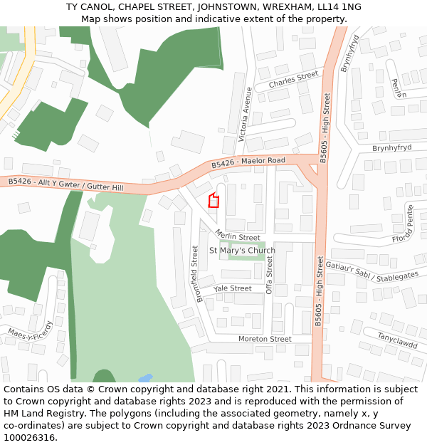 TY CANOL, CHAPEL STREET, JOHNSTOWN, WREXHAM, LL14 1NG: Location map and indicative extent of plot