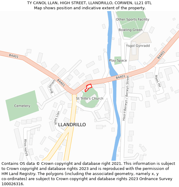 TY CANOL LLAN, HIGH STREET, LLANDRILLO, CORWEN, LL21 0TL: Location map and indicative extent of plot