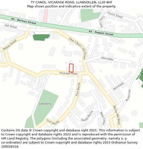 TY CANOL, VICARAGE ROAD, LLANGOLLEN, LL20 8HF: Location map and indicative extent of plot