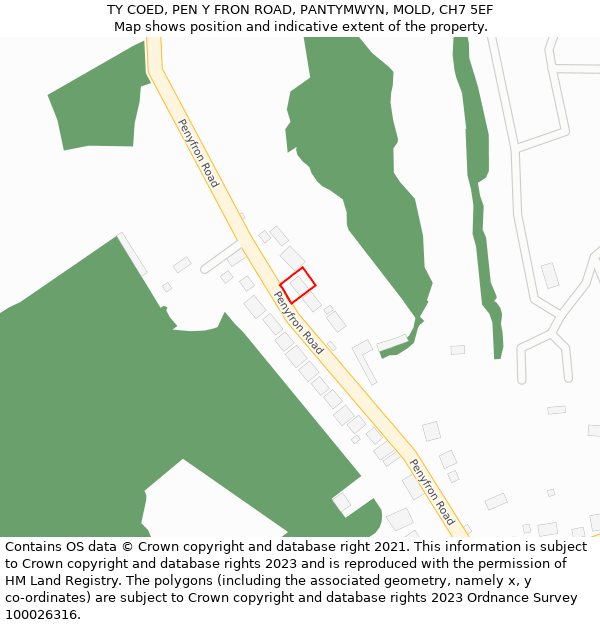 TY COED, PEN Y FRON ROAD, PANTYMWYN, MOLD, CH7 5EF: Location map and indicative extent of plot