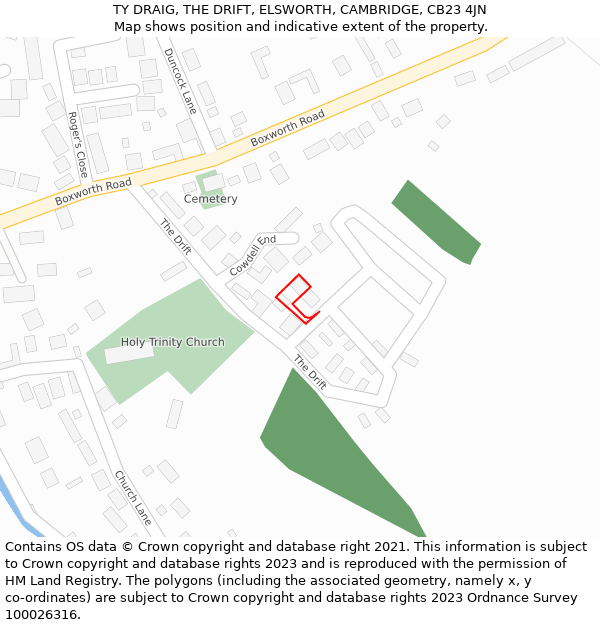 TY DRAIG, THE DRIFT, ELSWORTH, CAMBRIDGE, CB23 4JN: Location map and indicative extent of plot