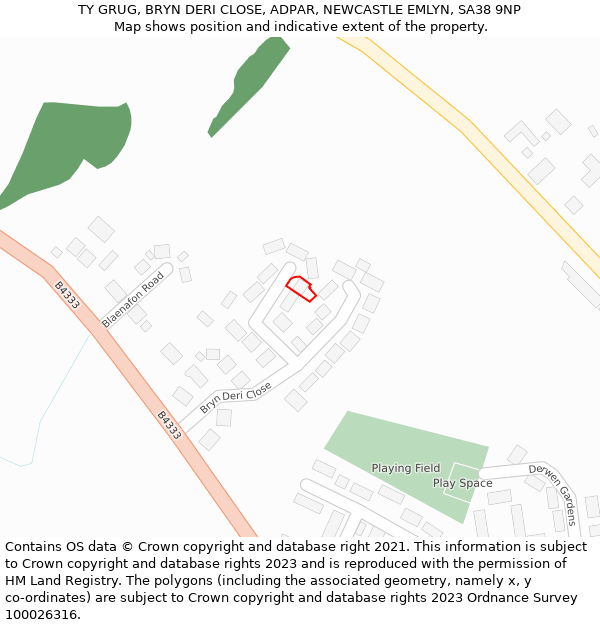 TY GRUG, BRYN DERI CLOSE, ADPAR, NEWCASTLE EMLYN, SA38 9NP: Location map and indicative extent of plot