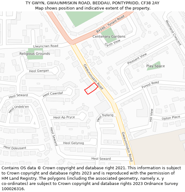 TY GWYN, GWAUNMISKIN ROAD, BEDDAU, PONTYPRIDD, CF38 2AY: Location map and indicative extent of plot