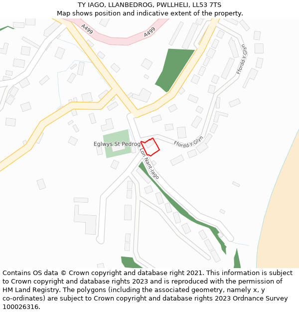 TY IAGO, LLANBEDROG, PWLLHELI, LL53 7TS: Location map and indicative extent of plot