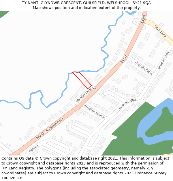 TY NANT, GLYNDWR CRESCENT, GUILSFIELD, WELSHPOOL, SY21 9QA: Location map and indicative extent of plot