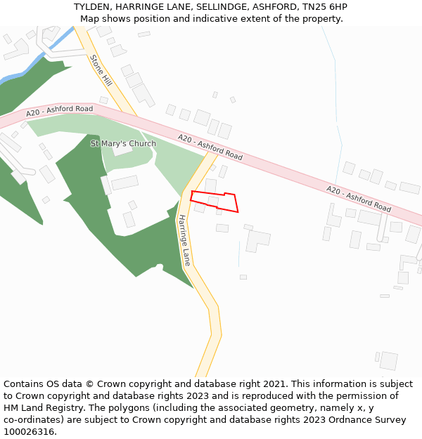 TYLDEN, HARRINGE LANE, SELLINDGE, ASHFORD, TN25 6HP: Location map and indicative extent of plot