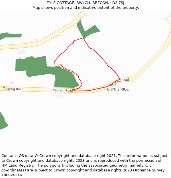 TYLE COTTAGE, BWLCH, BRECON, LD3 7SJ: Location map and indicative extent of plot