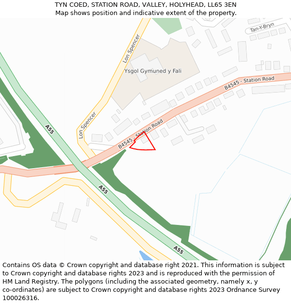 TYN COED, STATION ROAD, VALLEY, HOLYHEAD, LL65 3EN: Location map and indicative extent of plot
