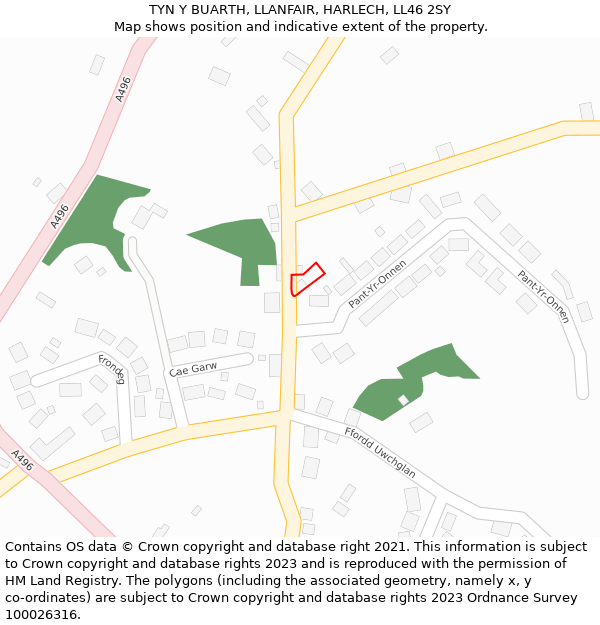 TYN Y BUARTH, LLANFAIR, HARLECH, LL46 2SY: Location map and indicative extent of plot