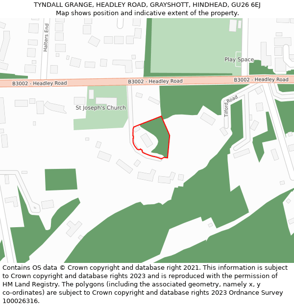 TYNDALL GRANGE, HEADLEY ROAD, GRAYSHOTT, HINDHEAD, GU26 6EJ: Location map and indicative extent of plot