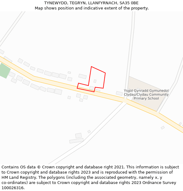 TYNEWYDD, TEGRYN, LLANFYRNACH, SA35 0BE: Location map and indicative extent of plot