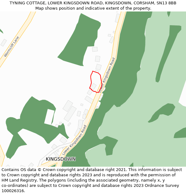 TYNING COTTAGE, LOWER KINGSDOWN ROAD, KINGSDOWN, CORSHAM, SN13 8BB: Location map and indicative extent of plot