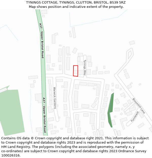 TYNINGS COTTAGE, TYNINGS, CLUTTON, BRISTOL, BS39 5RZ: Location map and indicative extent of plot