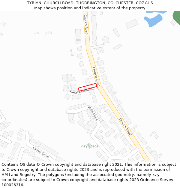 TYRIAN, CHURCH ROAD, THORRINGTON, COLCHESTER, CO7 8HS: Location map and indicative extent of plot