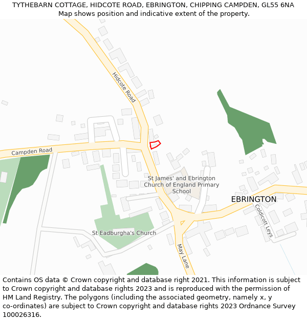 TYTHEBARN COTTAGE, HIDCOTE ROAD, EBRINGTON, CHIPPING CAMPDEN, GL55 6NA: Location map and indicative extent of plot