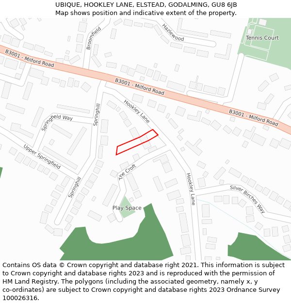 UBIQUE, HOOKLEY LANE, ELSTEAD, GODALMING, GU8 6JB: Location map and indicative extent of plot