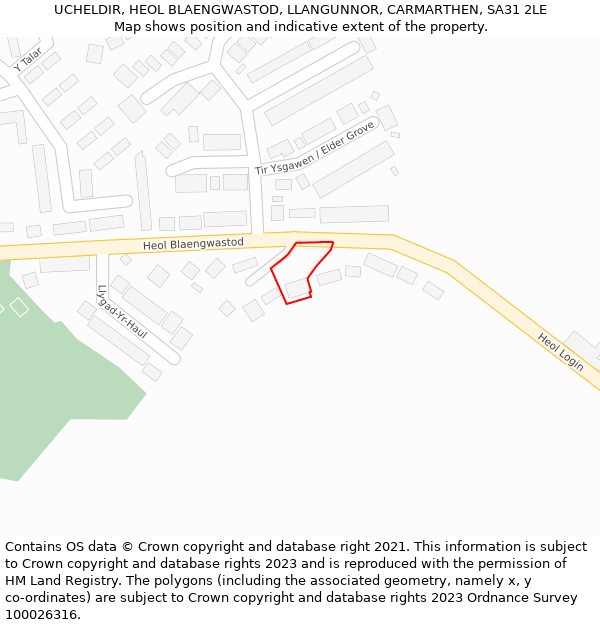 UCHELDIR, HEOL BLAENGWASTOD, LLANGUNNOR, CARMARTHEN, SA31 2LE: Location map and indicative extent of plot