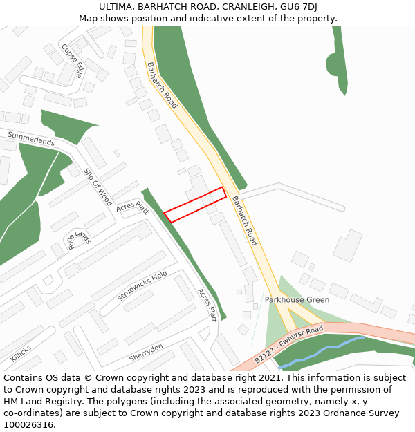 ULTIMA, BARHATCH ROAD, CRANLEIGH, GU6 7DJ: Location map and indicative extent of plot