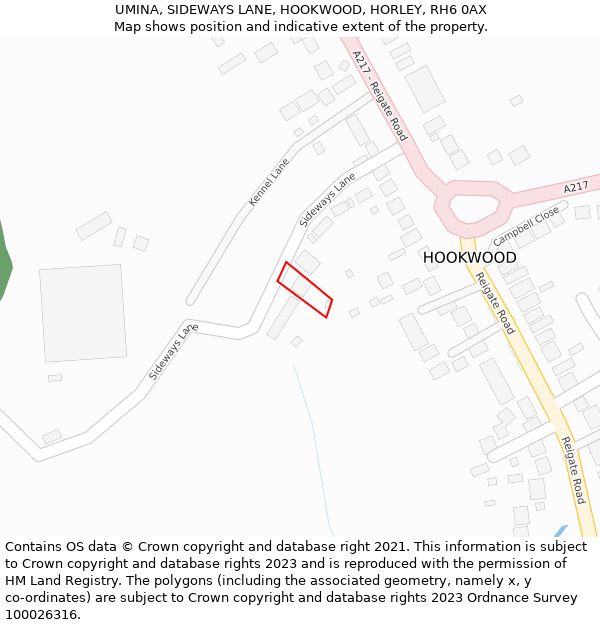 UMINA, SIDEWAYS LANE, HOOKWOOD, HORLEY, RH6 0AX: Location map and indicative extent of plot