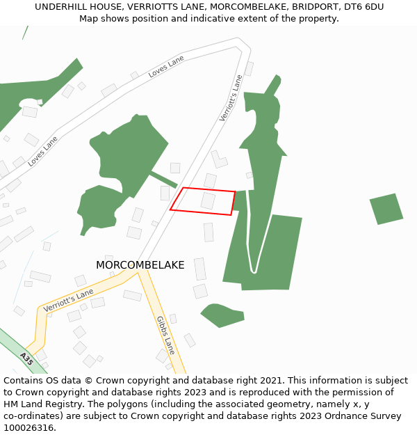 UNDERHILL HOUSE, VERRIOTTS LANE, MORCOMBELAKE, BRIDPORT, DT6 6DU: Location map and indicative extent of plot