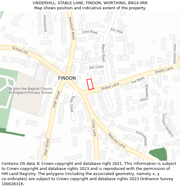 UNDERHILL, STABLE LANE, FINDON, WORTHING, BN14 0RR: Location map and indicative extent of plot