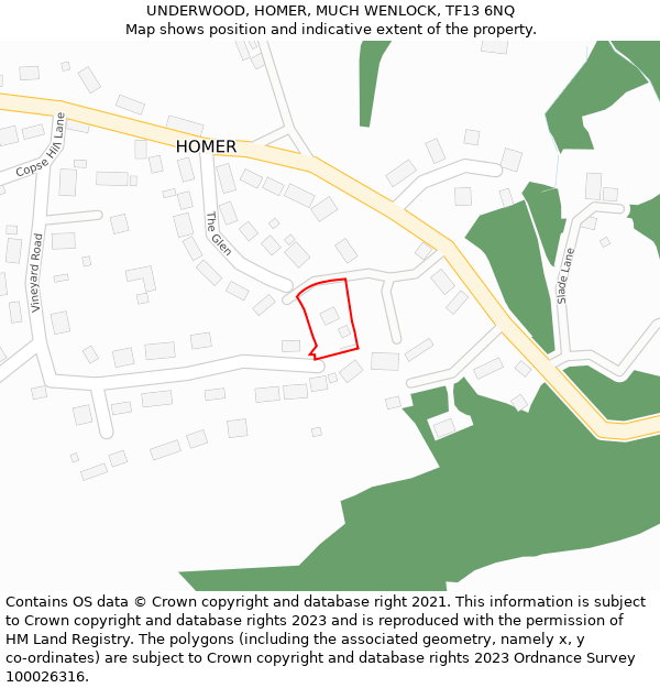 UNDERWOOD, HOMER, MUCH WENLOCK, TF13 6NQ: Location map and indicative extent of plot