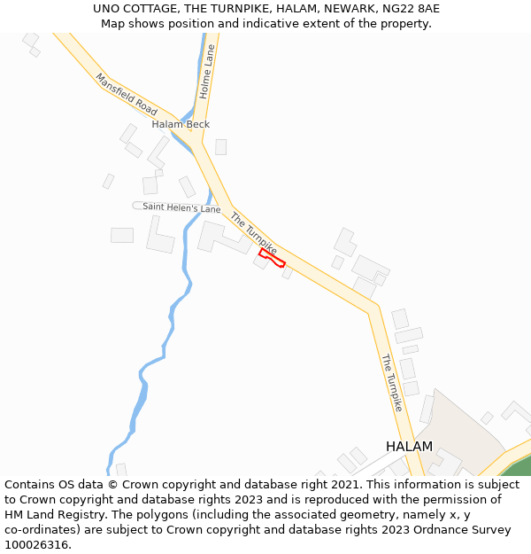 UNO COTTAGE, THE TURNPIKE, HALAM, NEWARK, NG22 8AE: Location map and indicative extent of plot