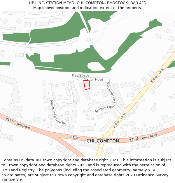 UP LINE, STATION MEAD, CHILCOMPTON, RADSTOCK, BA3 4FD: Location map and indicative extent of plot