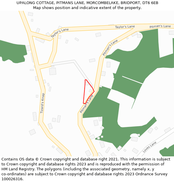 UPALONG COTTAGE, PITMANS LANE, MORCOMBELAKE, BRIDPORT, DT6 6EB: Location map and indicative extent of plot