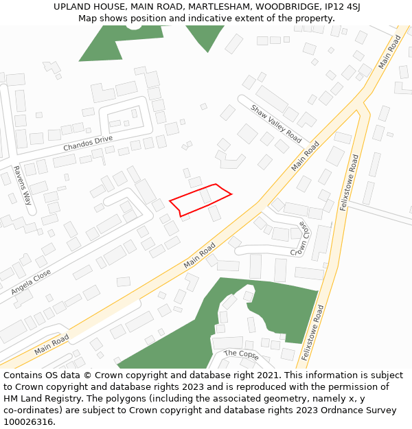 UPLAND HOUSE, MAIN ROAD, MARTLESHAM, WOODBRIDGE, IP12 4SJ: Location map and indicative extent of plot