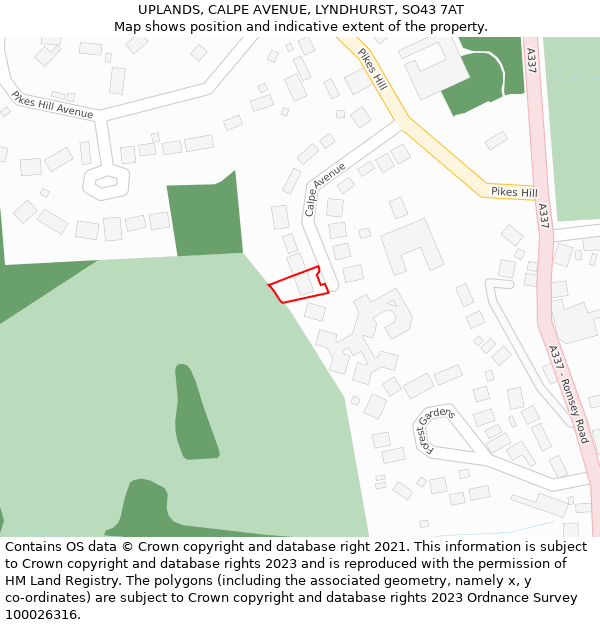 UPLANDS, CALPE AVENUE, LYNDHURST, SO43 7AT: Location map and indicative extent of plot