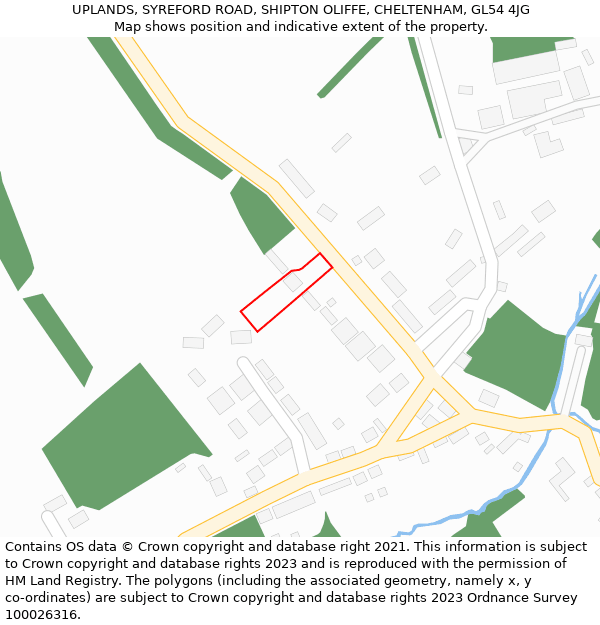 UPLANDS, SYREFORD ROAD, SHIPTON OLIFFE, CHELTENHAM, GL54 4JG: Location map and indicative extent of plot