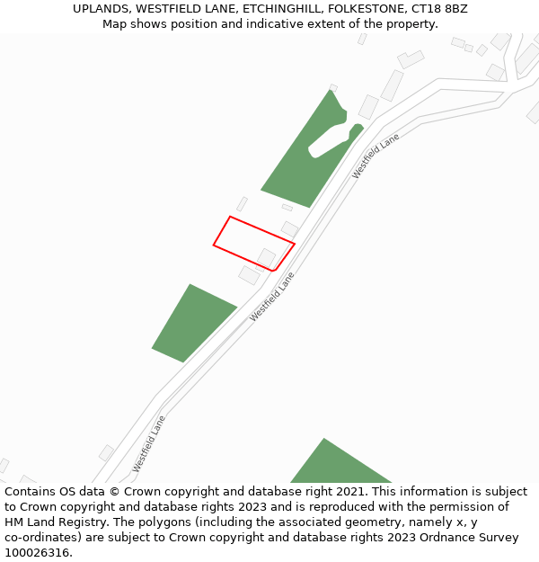 UPLANDS, WESTFIELD LANE, ETCHINGHILL, FOLKESTONE, CT18 8BZ: Location map and indicative extent of plot