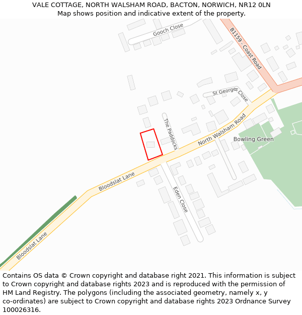 VALE COTTAGE, NORTH WALSHAM ROAD, BACTON, NORWICH, NR12 0LN: Location map and indicative extent of plot