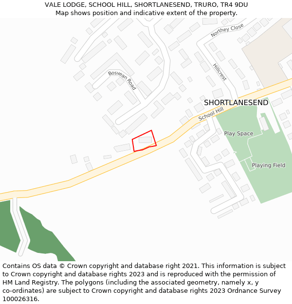 VALE LODGE, SCHOOL HILL, SHORTLANESEND, TRURO, TR4 9DU: Location map and indicative extent of plot