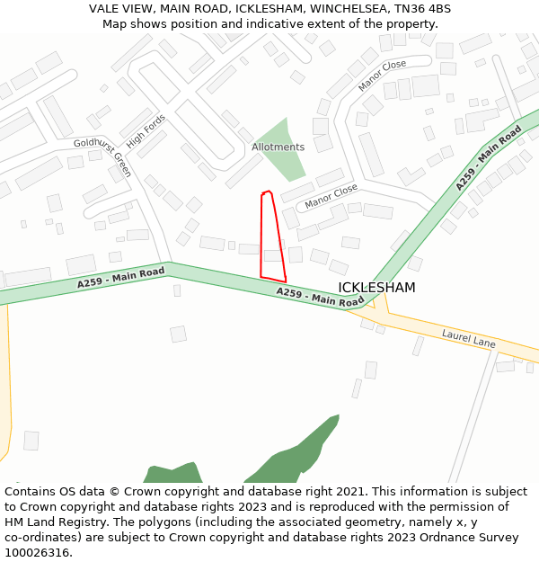 VALE VIEW, MAIN ROAD, ICKLESHAM, WINCHELSEA, TN36 4BS: Location map and indicative extent of plot