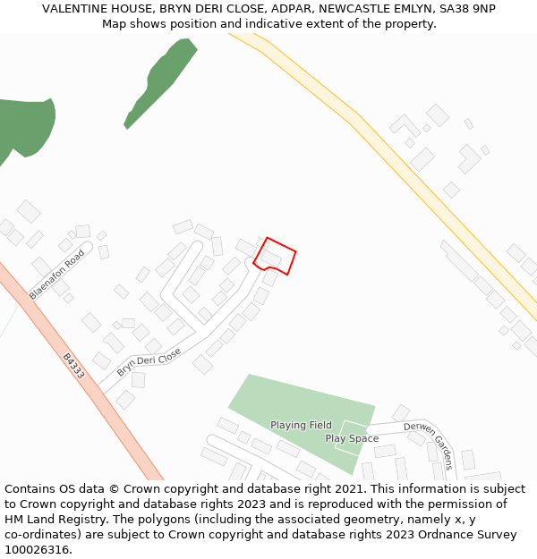 VALENTINE HOUSE, BRYN DERI CLOSE, ADPAR, NEWCASTLE EMLYN, SA38 9NP: Location map and indicative extent of plot