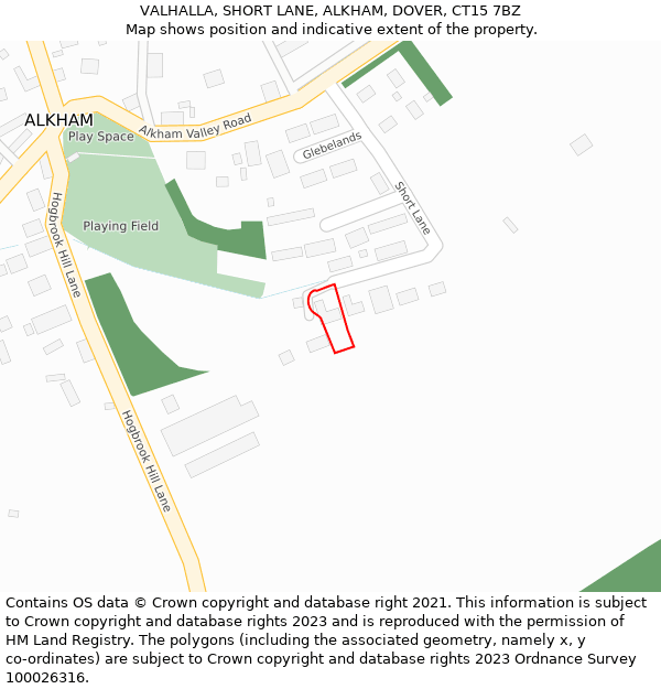 VALHALLA, SHORT LANE, ALKHAM, DOVER, CT15 7BZ: Location map and indicative extent of plot