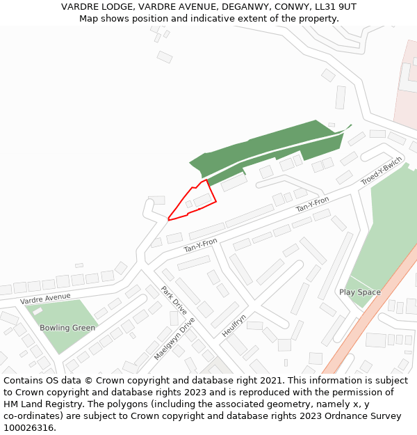 VARDRE LODGE, VARDRE AVENUE, DEGANWY, CONWY, LL31 9UT: Location map and indicative extent of plot