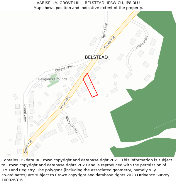 VARISELLA, GROVE HILL, BELSTEAD, IPSWICH, IP8 3LU: Location map and indicative extent of plot