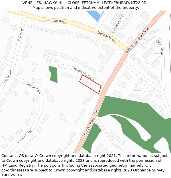 VENELLES, HAWKS HILL CLOSE, FETCHAM, LEATHERHEAD, KT22 9DL: Location map and indicative extent of plot