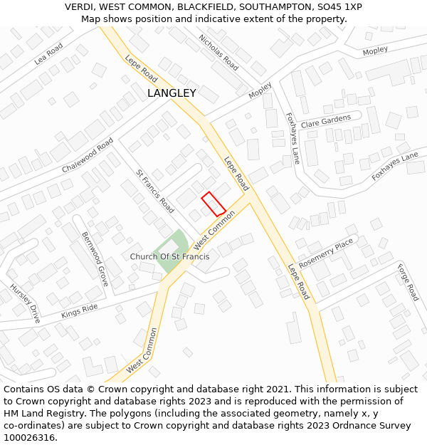 VERDI, WEST COMMON, BLACKFIELD, SOUTHAMPTON, SO45 1XP: Location map and indicative extent of plot