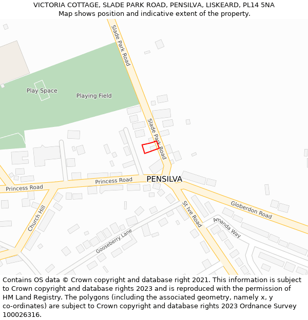 VICTORIA COTTAGE, SLADE PARK ROAD, PENSILVA, LISKEARD, PL14 5NA: Location map and indicative extent of plot