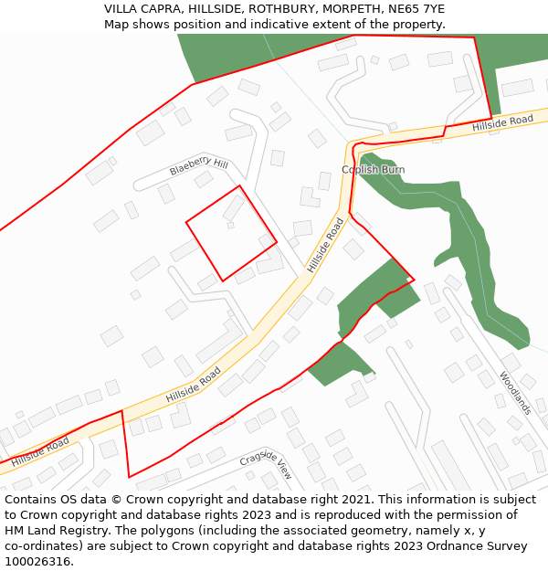 VILLA CAPRA, HILLSIDE, ROTHBURY, MORPETH, NE65 7YE: Location map and indicative extent of plot
