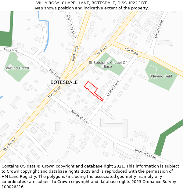 VILLA ROSA, CHAPEL LANE, BOTESDALE, DISS, IP22 1DT: Location map and indicative extent of plot