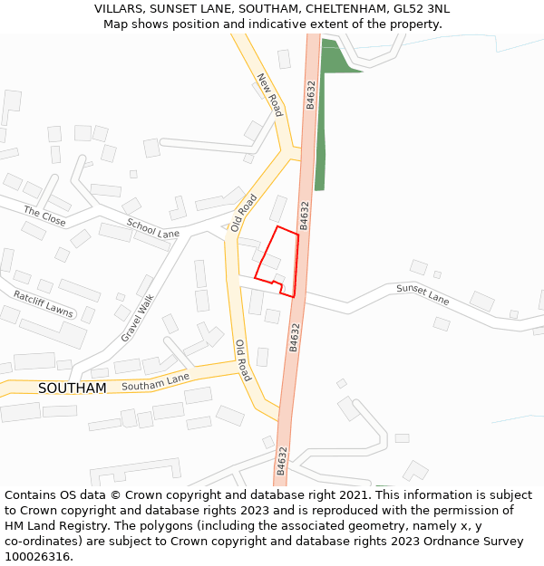 VILLARS, SUNSET LANE, SOUTHAM, CHELTENHAM, GL52 3NL: Location map and indicative extent of plot